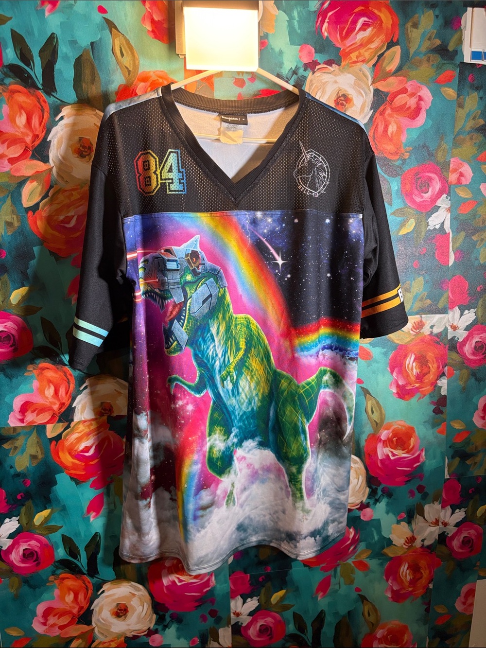Blackmilk Black Jersey Tee with Neon Rainbow Robot Dinosaur